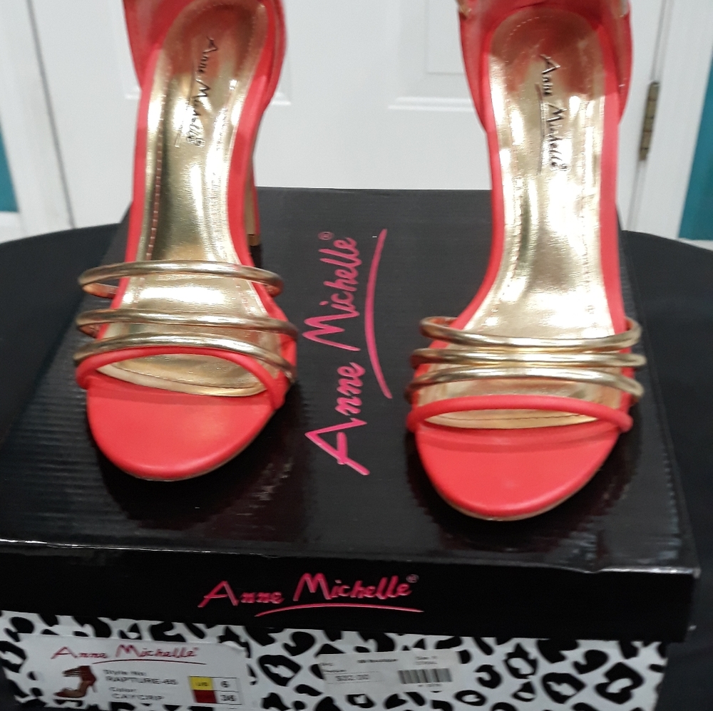 Coral and gold high heel sandals